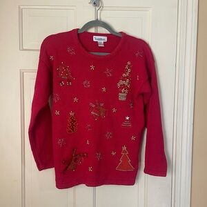 Vintage Carol Rose Embroidered Beaded Festive Granny Christmas Red Sweater Small